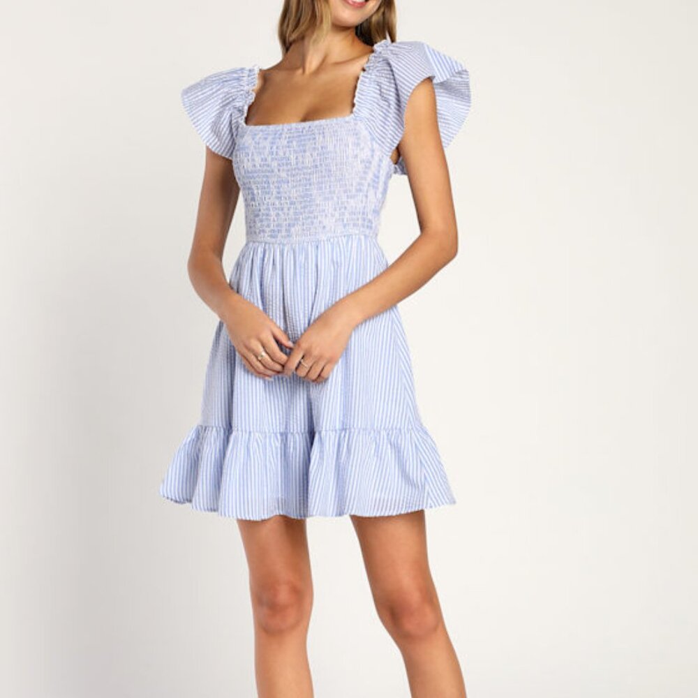 Lulus Seer Delight Blue Striped Smocked Ruffled Mini Dress - Size L